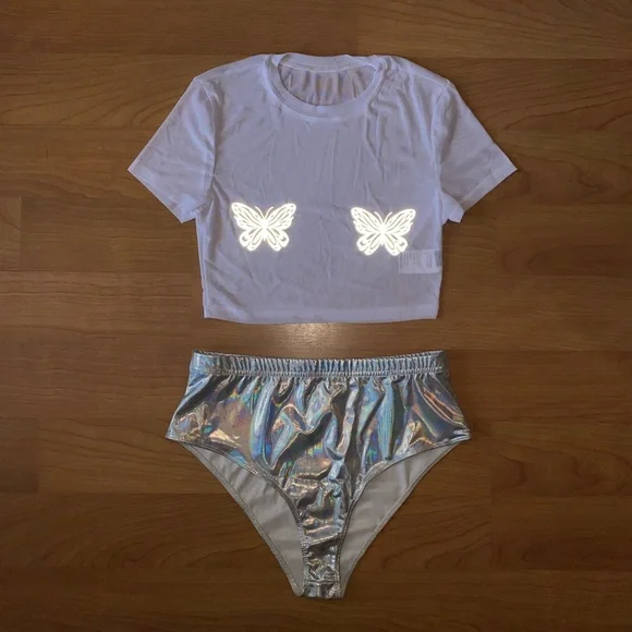 Reflective Silver Butterfly Mesh Rave Set - Picture 1 of 5